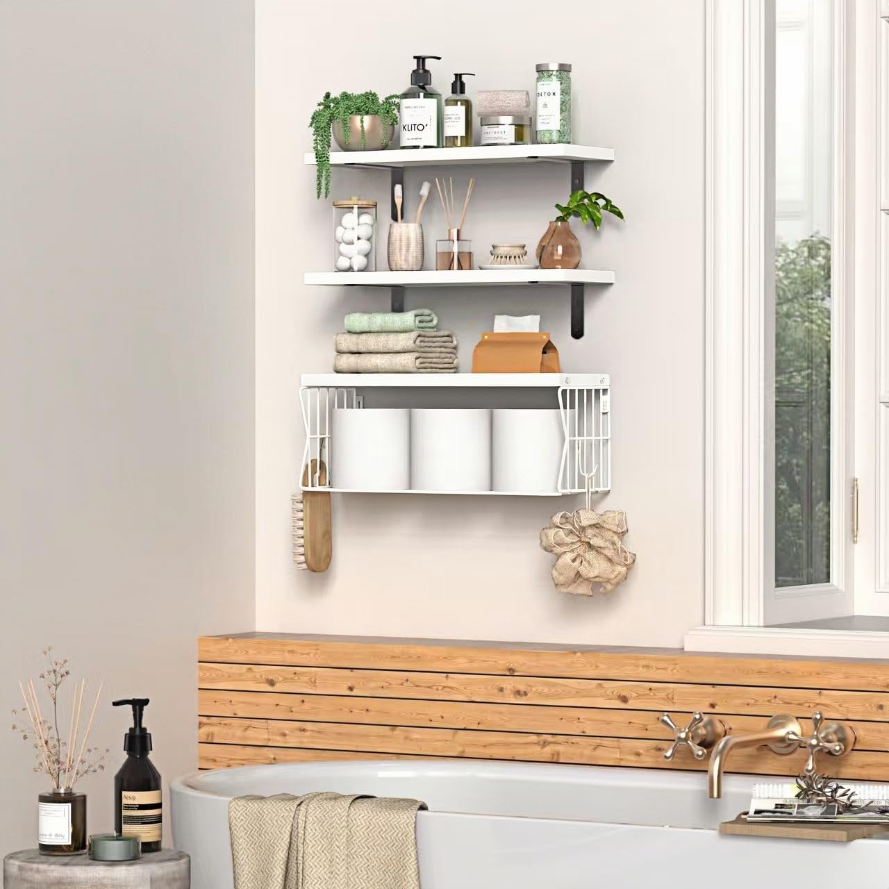 Floating Bathroom Shelves Wall Mounted - Wooden Shelf Set of 3 for Over Toilet Storage & Modern Bathroom Decor - Perfect Shelving Organizer for Apartments RVs Powder Room Restroom - White