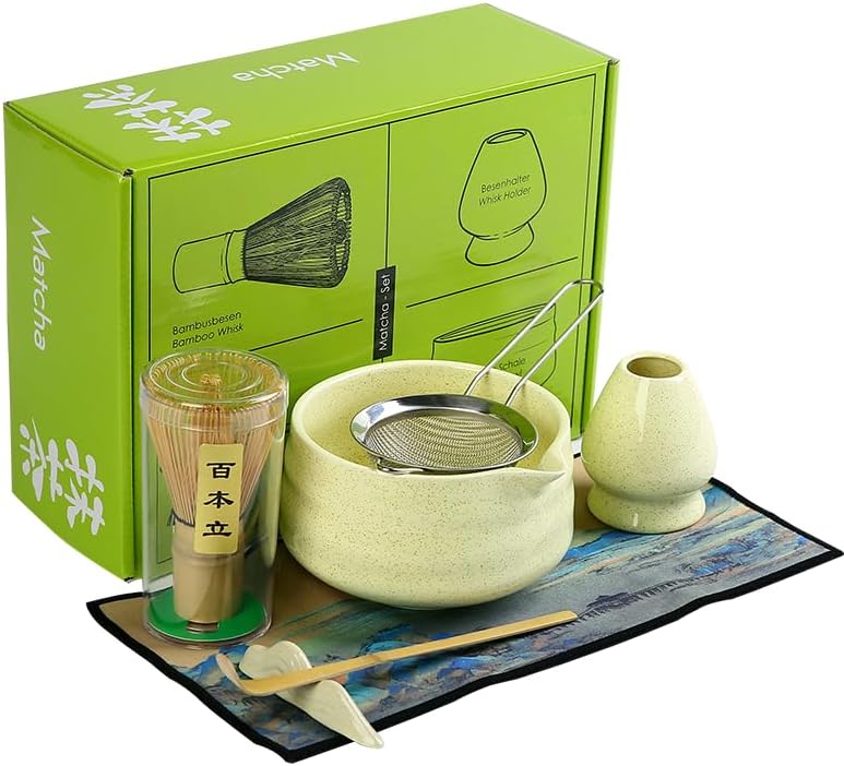 7 matcha whisk set 1 Matcha Whisk ，Matcha Bowl with Pouring Spout Scoop Matcha Whisk Holder Tea Making Kit. 1 matcha whisk set (7pcs), 15.2 Ounce (Yellow) - Image 3