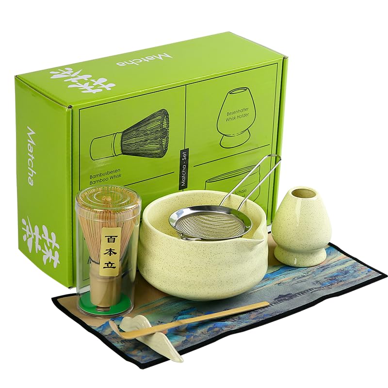 Japan Matcha Set Matcha Whisk Matcha Bowl with Pouring Spout Scoop Matcha Whisk Holder Tea Making Kit. 1 Japanese Tea Set (7pcs),Matcha Color,Color Box Packing, 15.2 Ounce (Yellow)