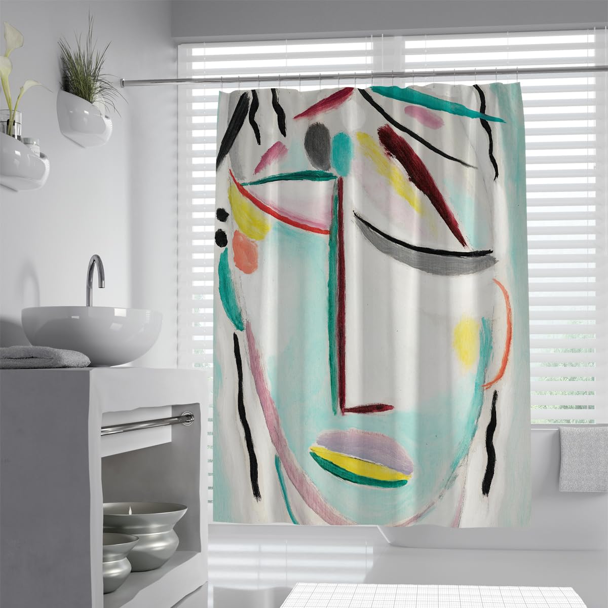 Kubistische Kunst Duschvorhang Moderne abstrakte Gesichtsbadezimmerdekoration Pastel Aquarell-Stil Geometrisches Menschenporträt Ästhetik Badezimmervorhänge 200 x 200 cm