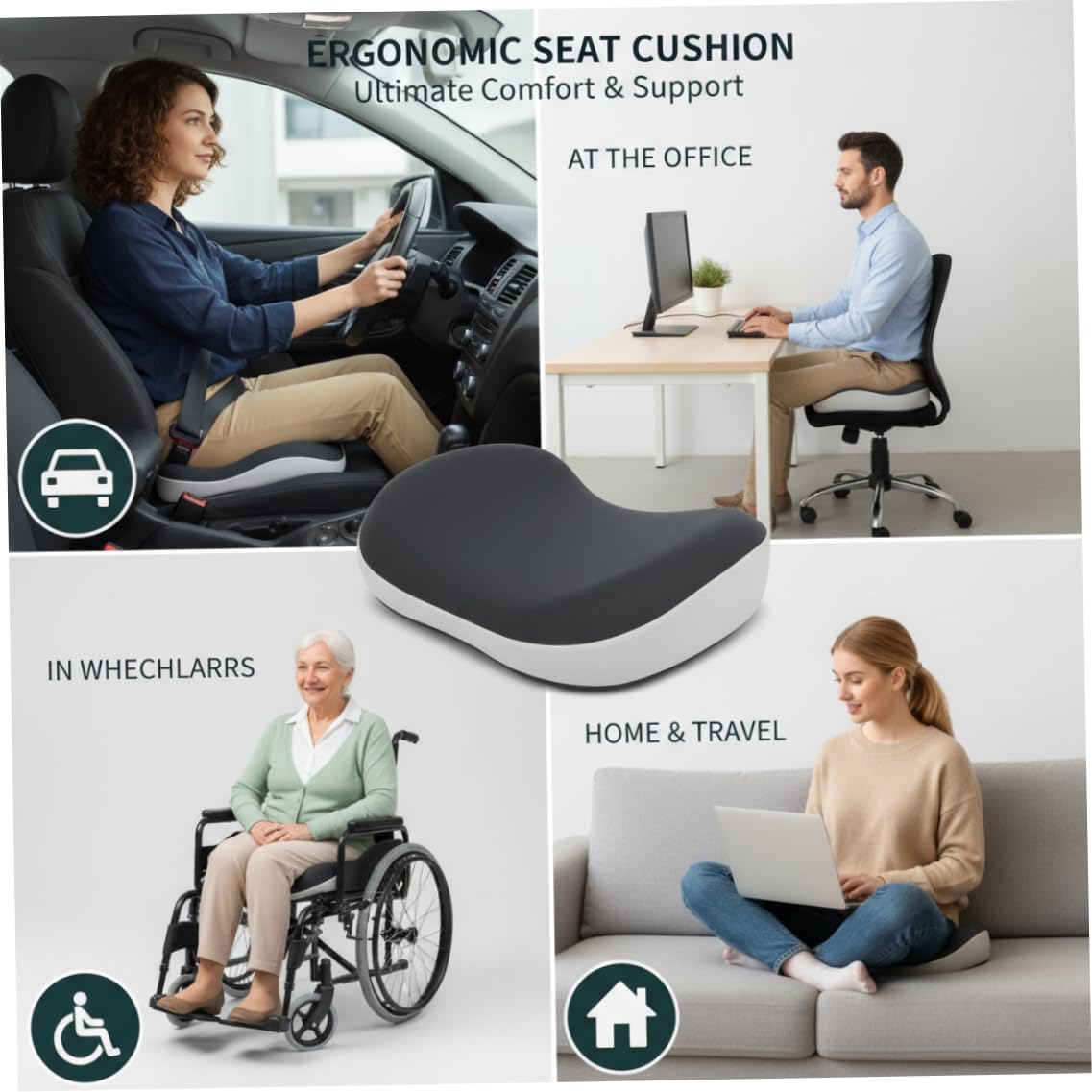 Cuscino Coccige - Cuscino ortopedico per sedile in memory foam per alleviare il mal di schiena, base antiscivolo per sedia da ufficio sedia a rotelle per auto, 37x44x10 cm