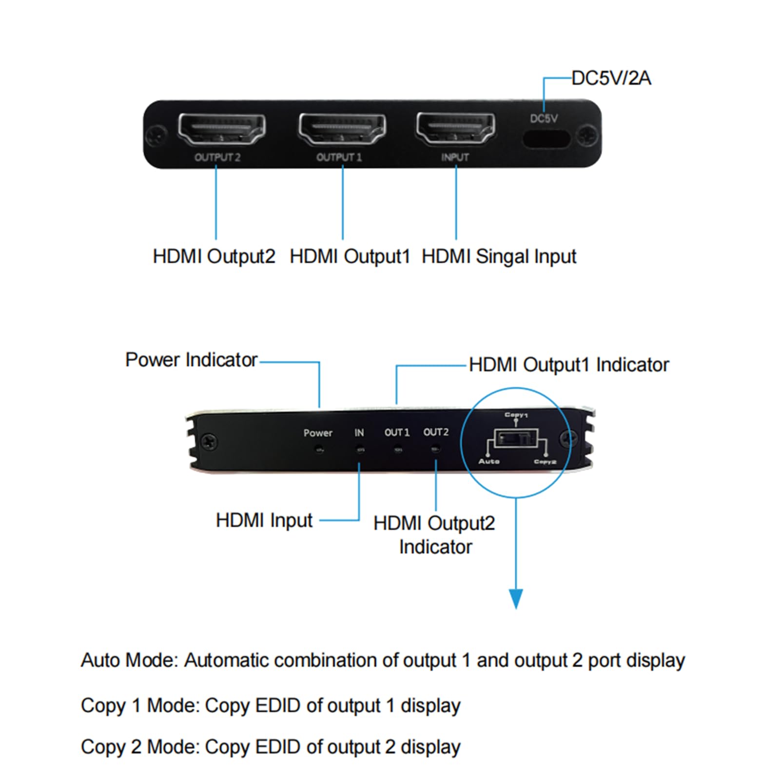 Divisor HDMI 8K 1 en 2 salidas con adaptador de corriente CC 5 V y cable compatible con conexión de la serie HDMI, adecuado para reproductores Blu-ray para PS4 Pro para PS3