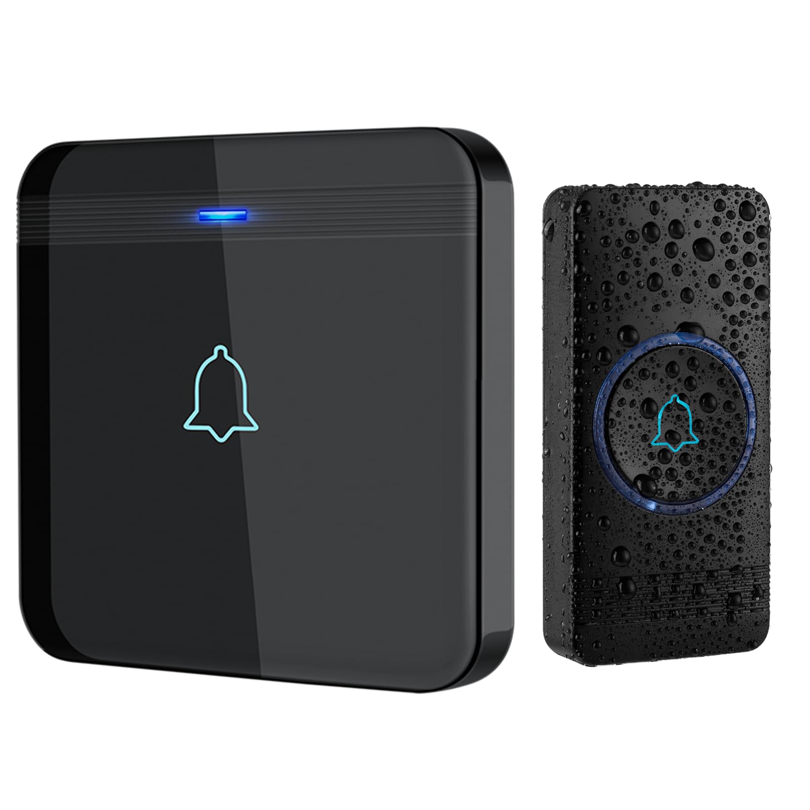 AVANTEK Sonnette sans Fil, Bouton de Sonnette, Carillon de Porte étanche IP55 avec 1 récepteurs enfichables, Flash LED, 5 Niveaux de Volume, 52 mélodies, portée de Fonctionnement de 400 m, Noir