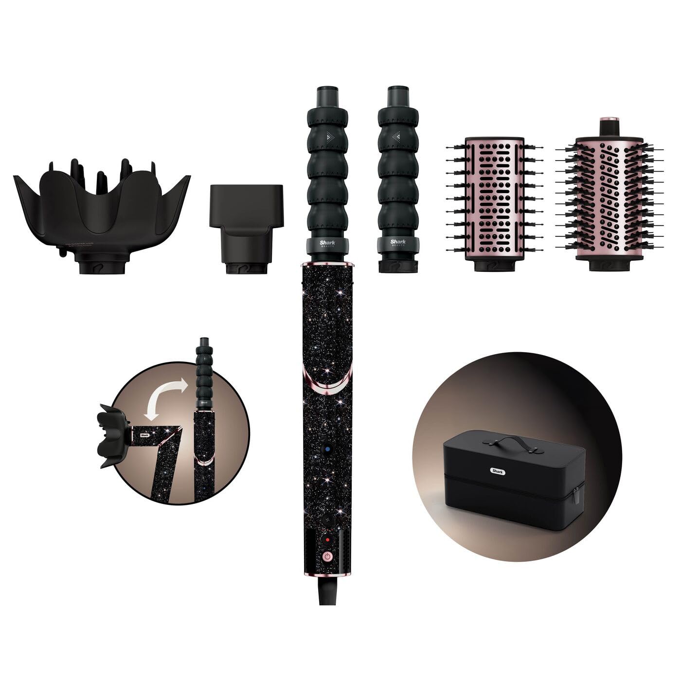 Shark FlexStyle Sparkle Limited Edition Black Diamond 5-in-1 Haarstyler & -trockner mit Lockenaufsatz, Paddelbürste, Ovalbürste, Konzentrator, Diffusor, Aufbewahrungsbox, ohne Hitzeschäden HD446JBEU