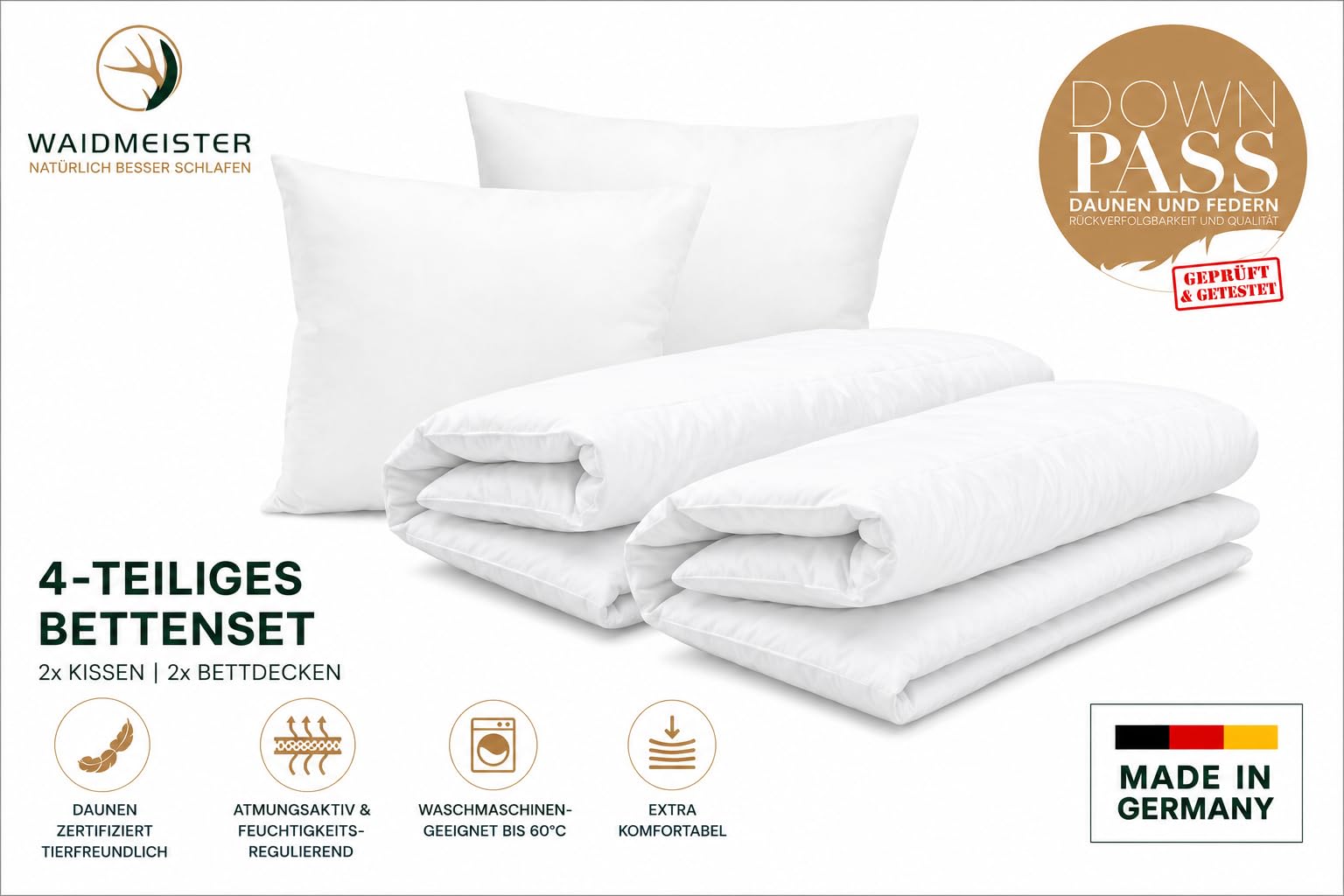 DILUMA Bettenset 4-teilig Comfort - 2X Bettdecke 135x200 cm 1000g Füllung 90% Federn 10% Daunen - 2X Kopfkissen 80x80 cm 100% Federn - Bettdeckenset mit ÖkoTex 100