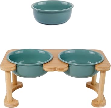 Elevated Ceramic Double Dog Bowl Set & Single Replacement Dog BowlDark Green