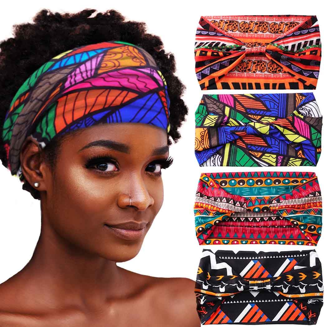 AceornaAfrican Headbands Boho Knotted Hairbands Stretch Wide Head Wraps Elastic Yoga Turban Hair Scarfs Workout Printed Hair Accessories for Women Pack of 4 (Style A)