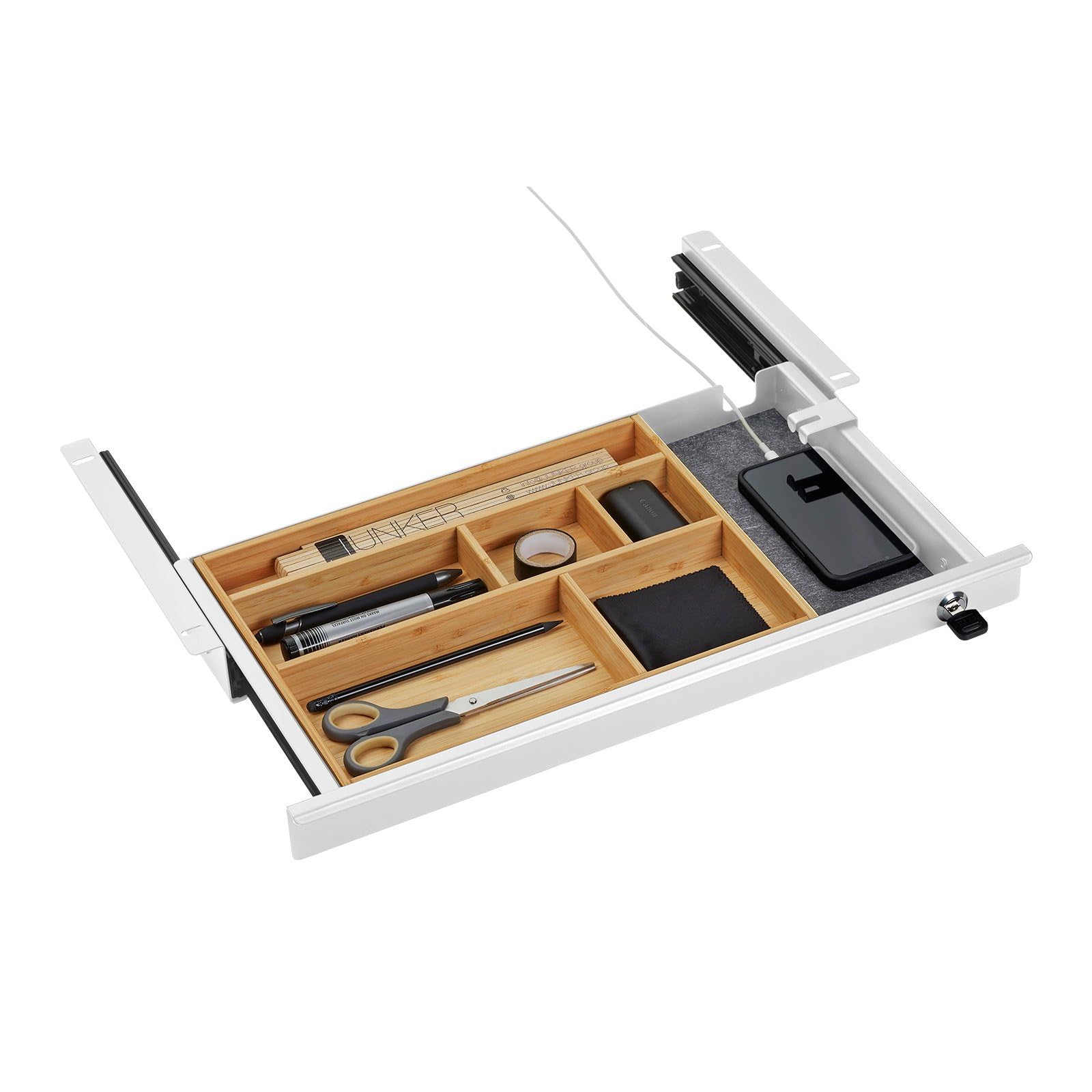 CAVO Cajón portadocumentos con cerradura 500 x 265 x 45 mm blanco con inserto de bambú Cajón para objetos de valor Cajón de escritorio