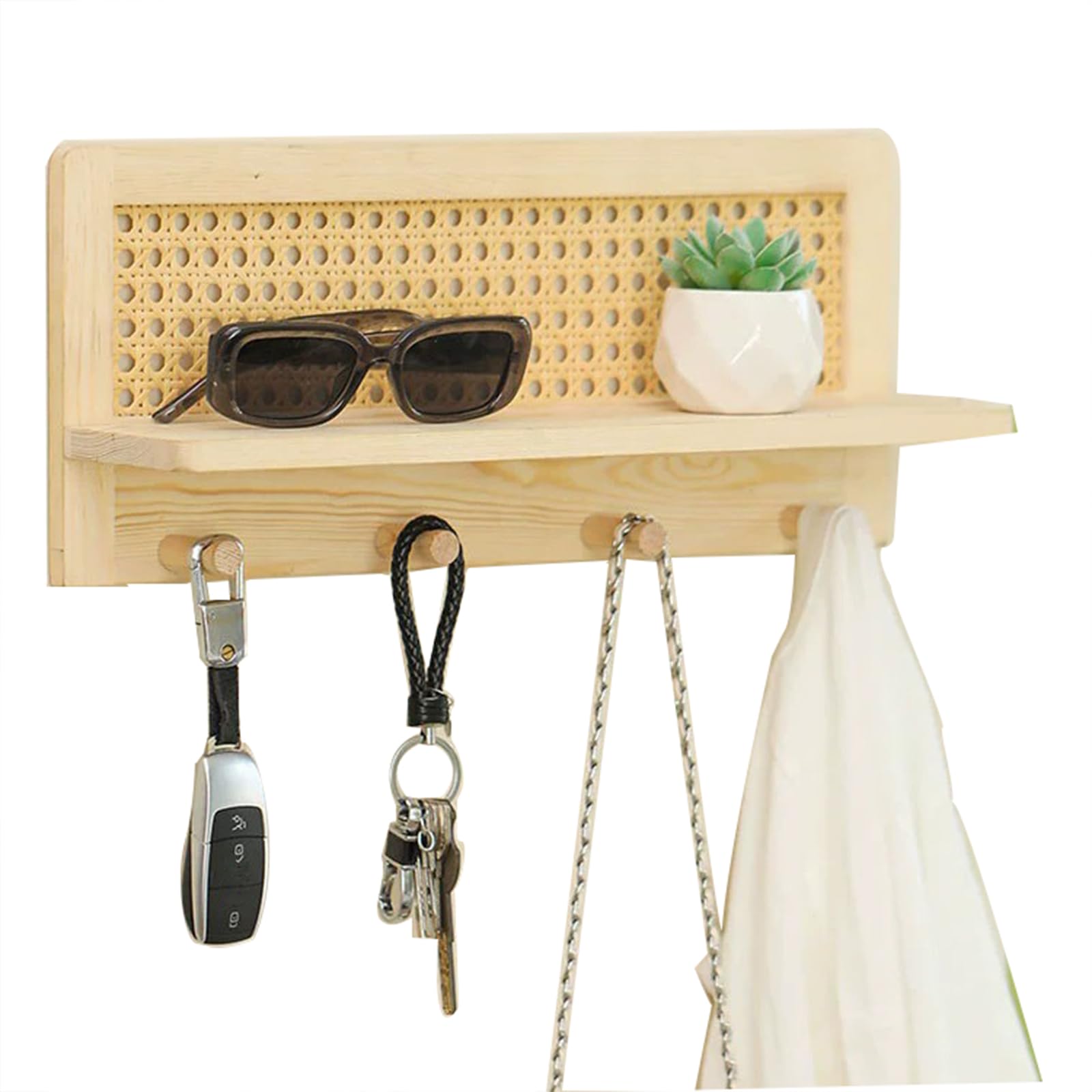 Wooden Wall Mounted Coat Rack with PE Rattan Grid, pine wood Floating Shelf, 4 Hooks for Entryway, Nursery, Mudroom, Hallway, Kitchen, Office