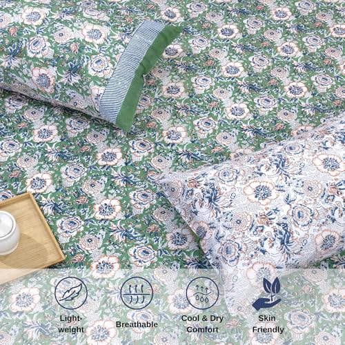 Image of TOAI Hand Block Printed Bedsheet | Bed Sheet Flatsheet| Pure Cotton | Single Bed Size 60 inchx90 inch | 300 TC Long Staple Cotton | 1 Reversible Pillow Cover |Messy Garden