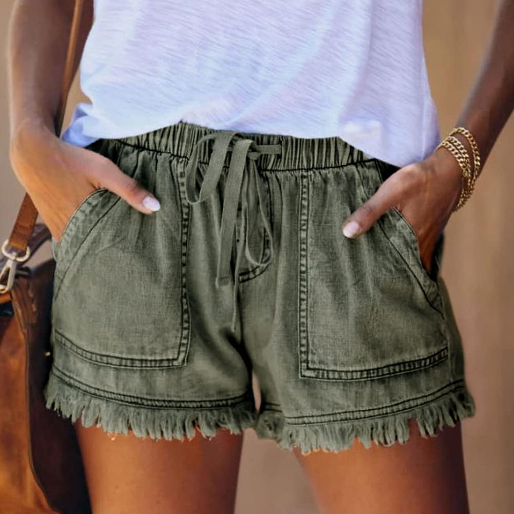 Short d'Été Décontracté en avec Cordon Et avec Poche pour Femme Short en Jean Décontracté à Franges pour Femme Couleur Unie Short Plage