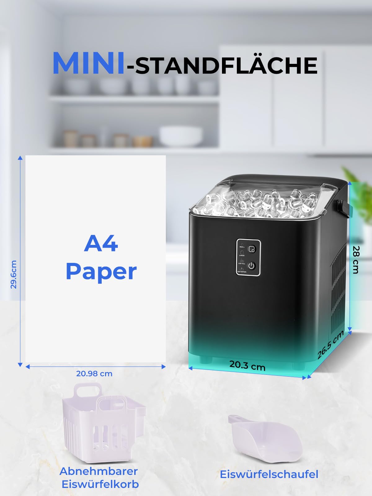 FOHERE Eiswürfelmaschine, Eiswürfel in 5 Minuten, 14KG in 24 Stunden, Selbstreinigender Mini Eiswürfelbereiter, 2 Eiswürfel Größen für Küche, Büro, Bar und Party (Tiefschwarz)
