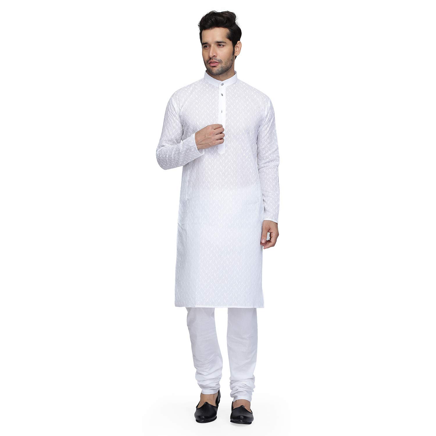 royal kurta Men's Cotton Chikankari Ethnic Long Kurta Pyjama Set with Full Sleeves and Stand Collar-picture-29