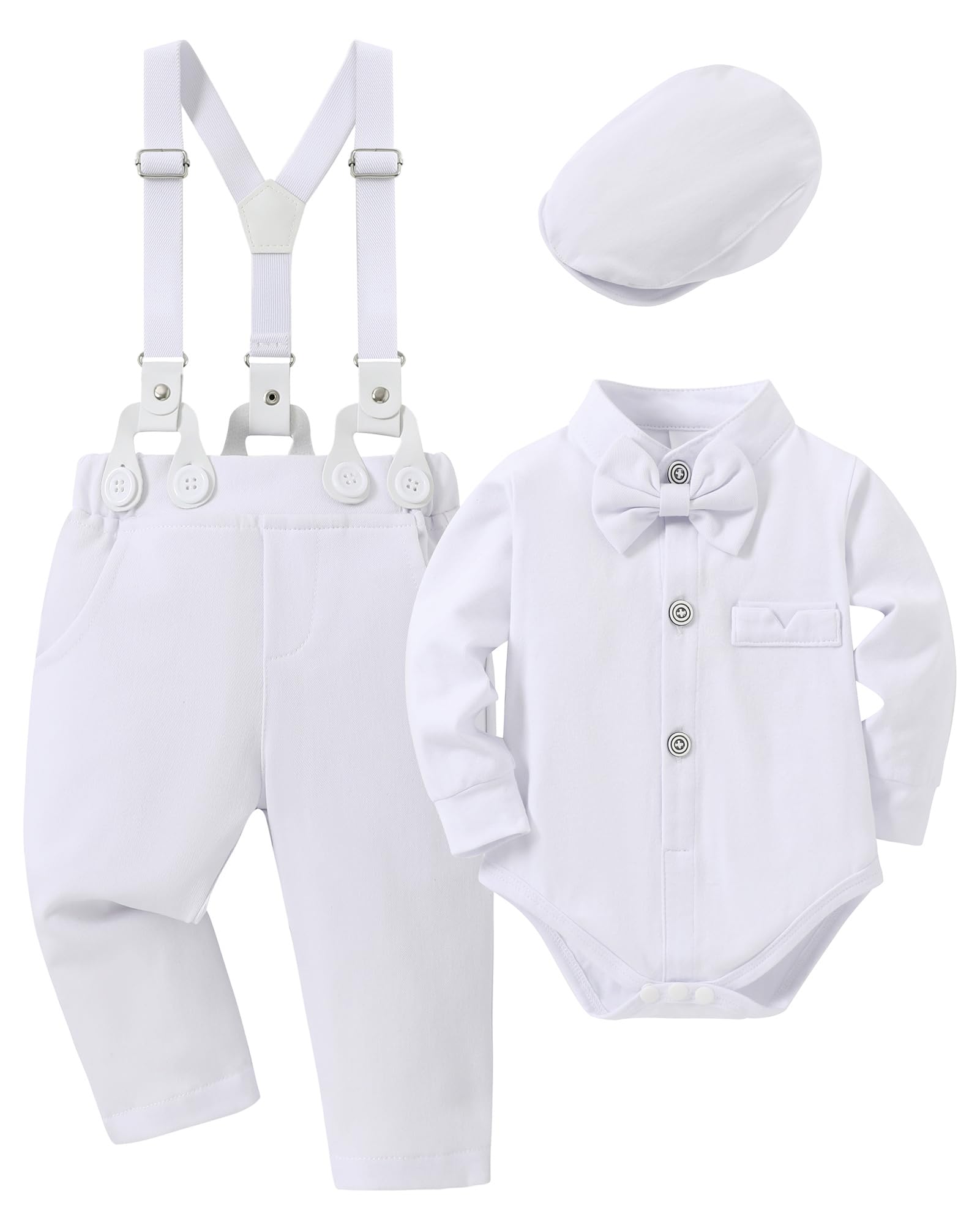 SOLOYEE Baby Boy Clothes Suits 6-9 Months Baby Boys Formal Wedding Outfits Long Sleeve Dress Shirt + Suspender Pants + Bowtie + Beret Gentleman Clothing Set (Capri Blue, 6-9 Months) — view 2