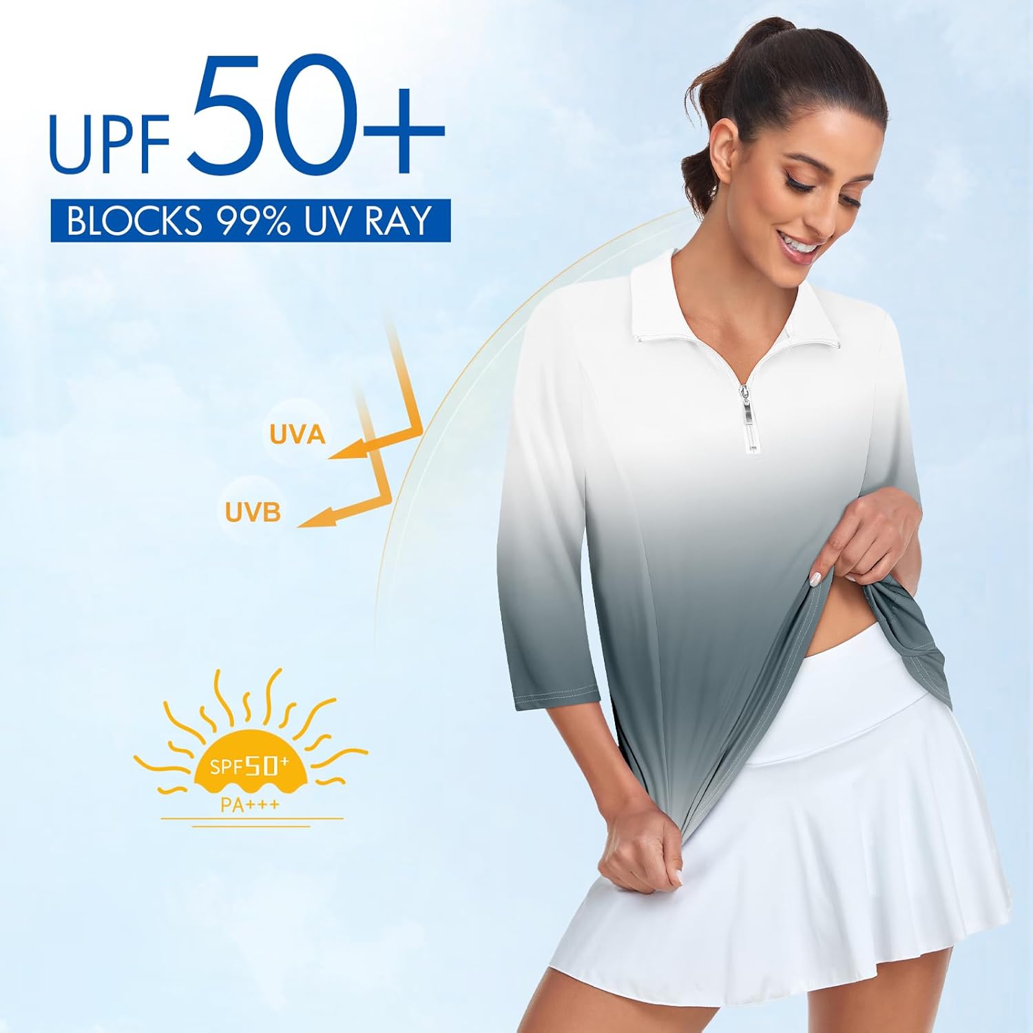 Tanst Sky Womens Golf Polo Shirts Zipper 3/4 Sleeve Moisture Wicking Tops UPF 50+ Workout Tennis Apparel - Image 4