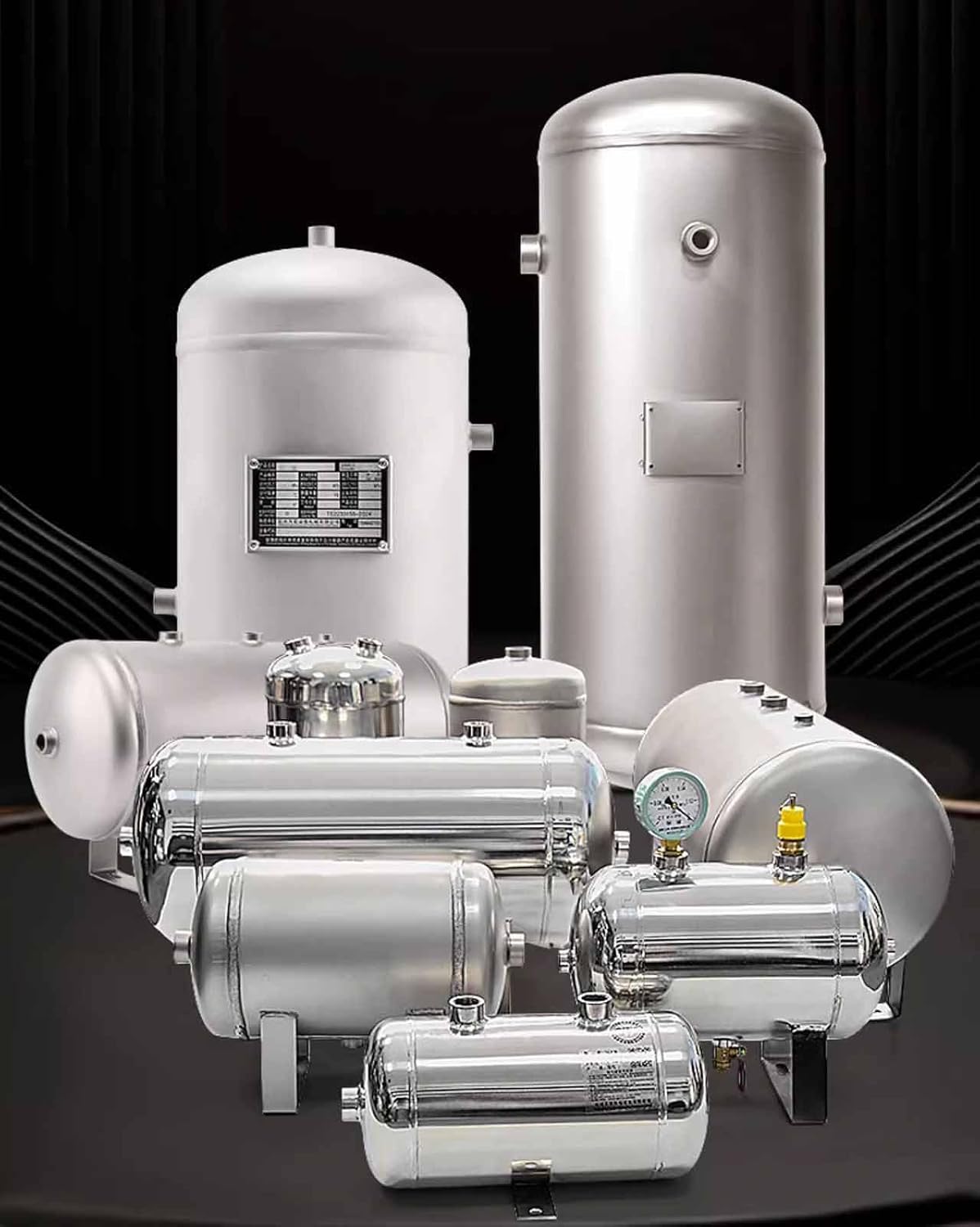 304 Stainless Steel High Pressure Air Tank with Fittings, Large Capacity Air Compressor Tank for Storing Gas/Stabilizes Air Pressure, Multi-purpose Gas Storage Vessel(60L/15.9Gal (Style B))