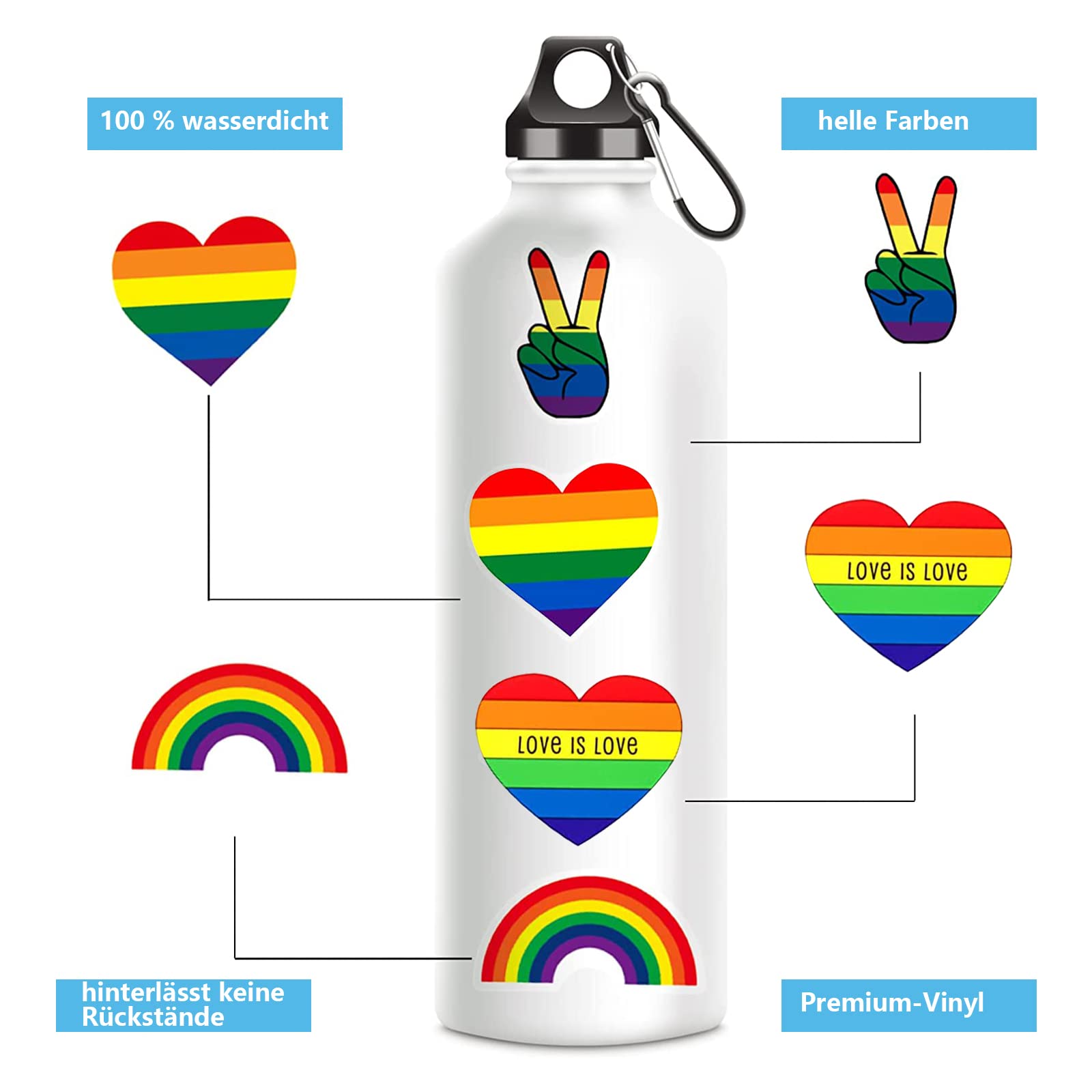 MOGADEE® Pride Sticker, LGBTQ Sticker Set di 53 adesivi per bicicletta Pride, adesivi in vinile impermeabili, per auto, moto, biciclette, snowboard, bagagli, laptop