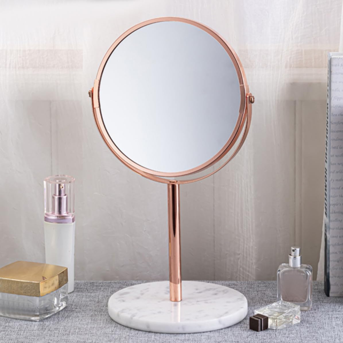 Mobestech Espejo de Maquillaje de Tocador Aumento 2X, Doble Cara Giratoria, Material de Mármol y Metal, Reflejo Claro para Maquillaje Diario y Vanidad
