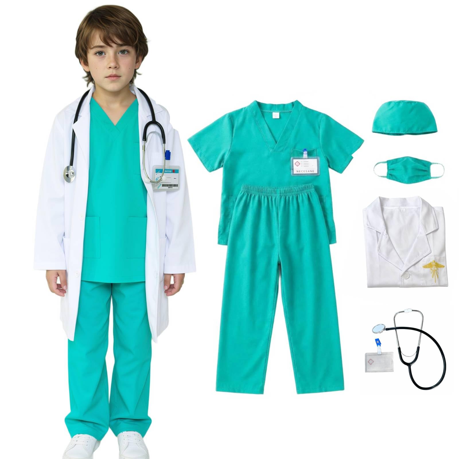 DongfangYMHC Kids Doctor Cosplsy Costume Children's Doctor Outfit Set Nurse Dress Up Halloween with Lab Coat Mask, Stethoscope,Green,110