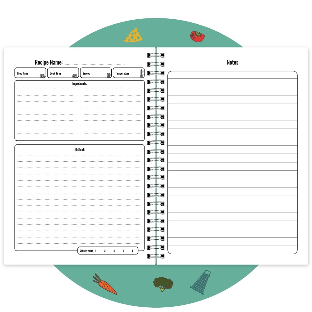 Recipe Journal Notebook- Blank Recipe Cookbook write your own recipes and organise your recipe collection. A5 Spiral Bound,128 Ruled Pages and Elastic Page Divider. Cooking Themed cover design - Image 3
