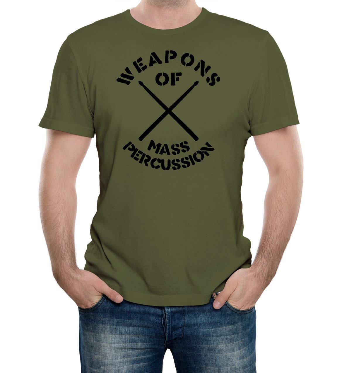 Reality Glitch Men's Weapons of Mass Percussion Funny Cool Drummer or Musician Gift T-Shirt. (Small, Khaki)