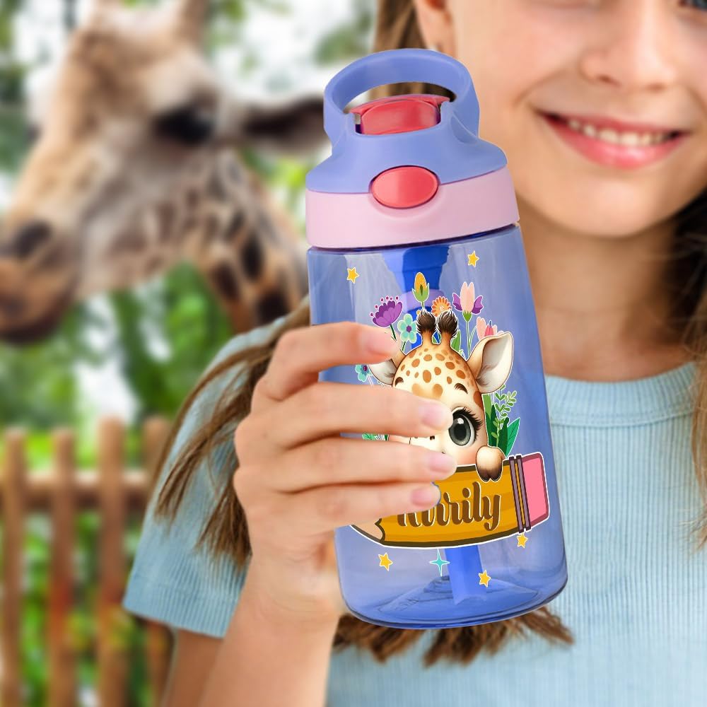 Personalized 16oz Kids Water Bottle with Straw Lid, Custom Plastic Water Bottle with Cute Pattern and Name, Leak-Proof Pop-Up Spout Cover (Cute Cartoon Animal)