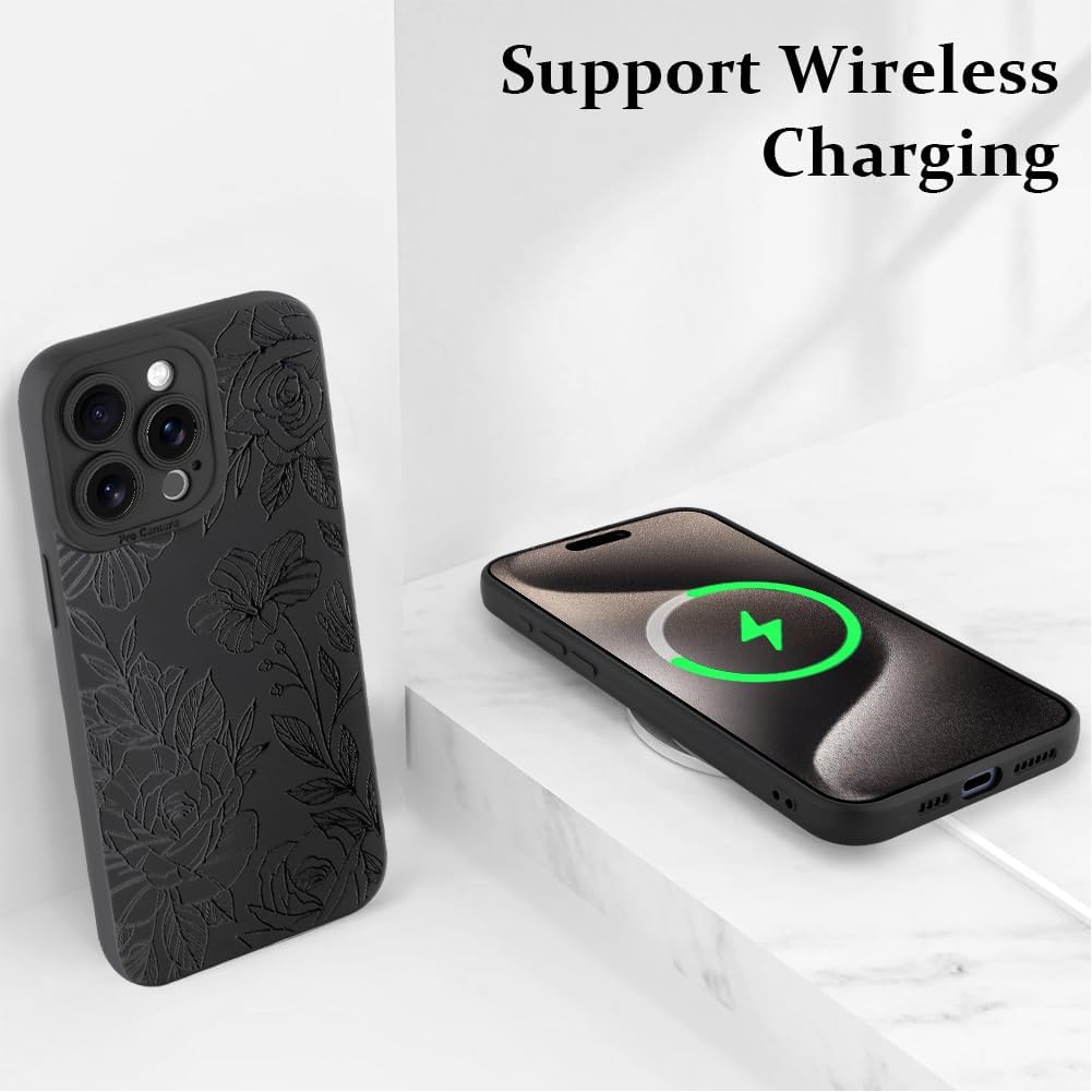 LSL Case for iPhone 15 Pro Black Floral Flower Pattern Print Design Soft TPU Full Camera Lens Anti-Drop Anti-Scratch Shockproof Protective Slim Cover for Women Girls - Image 5