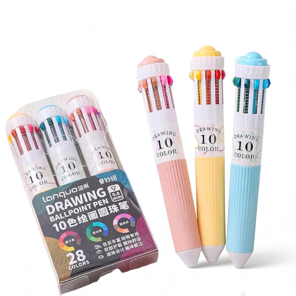 languo Drawing Ballpoint Pen Set of 6, 60 Colors, 0.8mm | 10 Colors per Pen, Retractable Design, Soft Rubber Grip, Art & Journaling Use, Smudge-Free Ink-picture-24
