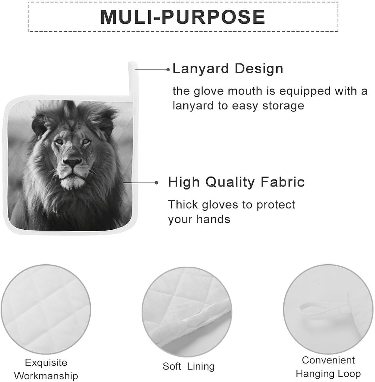 African Lion Black And White Polyester Heat Resistant Pot Pad Non Slip Anti Scald Hot Dish Mat Reusable Table Protector for Kitchen Hot Pot Mat Wear Resistant Heat Proof Table Pad for Countertop Dinin