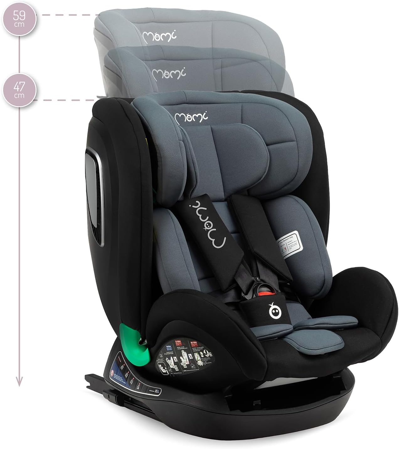 Illustration showing the adjustable headrest of the MoMi URSO car seat, with height measurements.