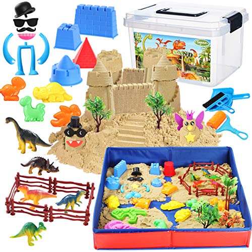 Dinosaur Sand Kit Dinosaur Toys Sand Box with 3lbs Magic Sand, Dinosaur Figures, Dinosaur Molds and Tools, Trees Birthday Gift Sand Art Toys for Boys Girls Ages 3+ Years Old