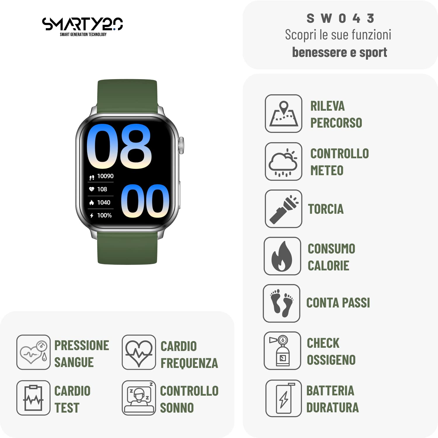 Smartwatch SW043F - Colore Verde - Chiamate Bluetooth, Assistente Vocale, 100 Modalità Sport, Resistenza all'Acqua IP68 - Cinturino in Silicone - Dimensioni 44.14 x 38.14 x 11.45 mm