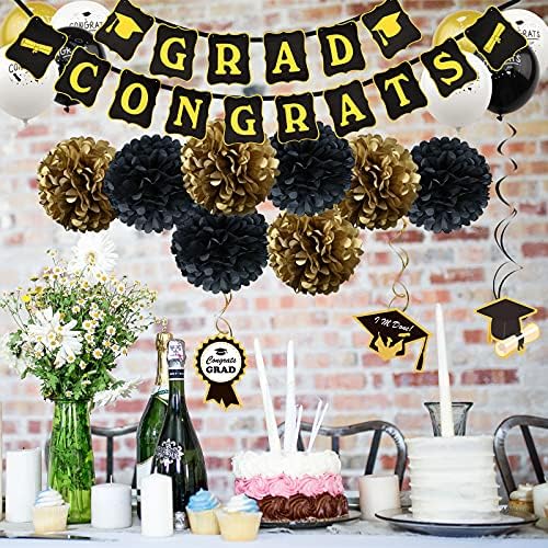 ZERODECO Graduation Party Supplies 2022, Black and Gold Graduation Decorations Congrats Grad Banner, Hanging Swirls, Paper Pompoms, Sash, Balloons, Foil Curtain, Paper Tassel for Grad Decorations