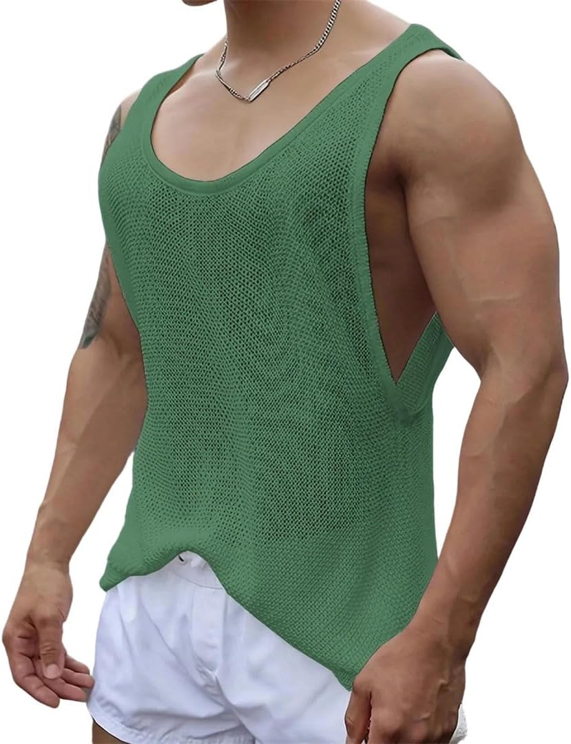 Men Tank Tops Knit Hollow Out Sleeveless Loose Fit Casual Summer Vest