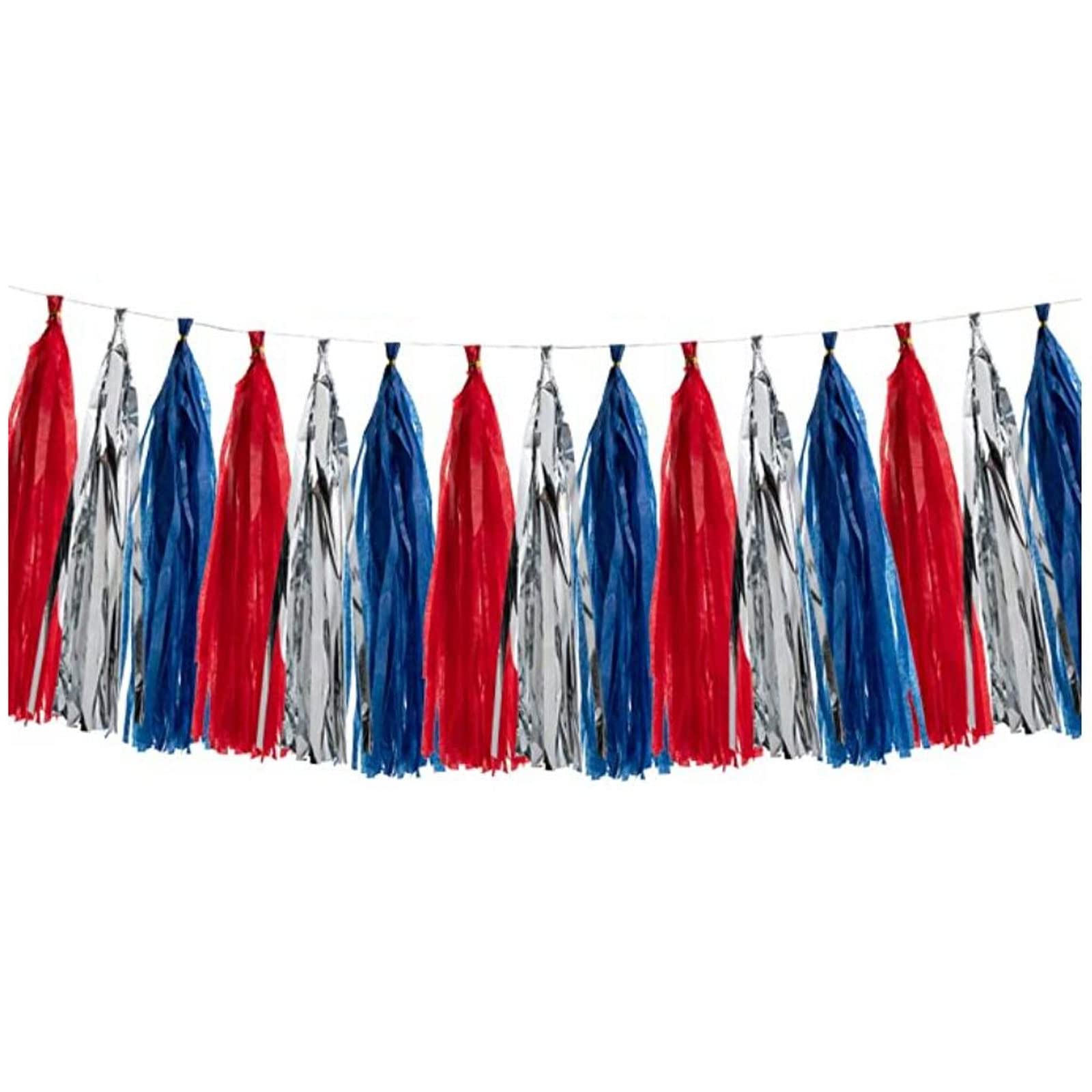 Patriotische Quasten-Girlande, Seidenpapier, Quasten-Banner, Tischdekoration, Nationalfeiertag, Quasten, Party, Jahrestag, DIY-Kits – (Marineblau, Rot, Silber), 15 Stück