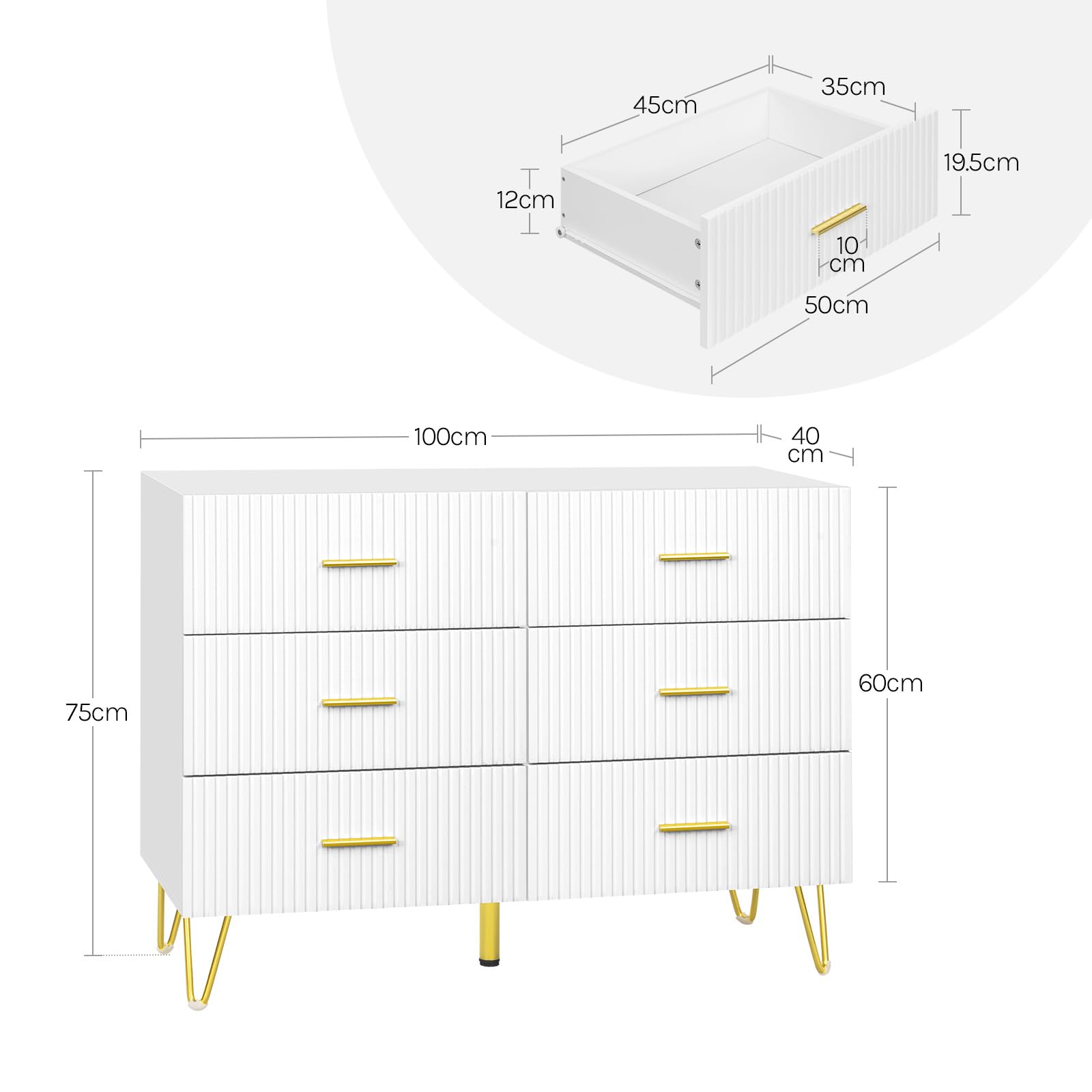 WOLTU Cómoda Blanca de 6 Cajones | Con Patas Doradas, para Dormitorio y Salón, 100x40x75 cm