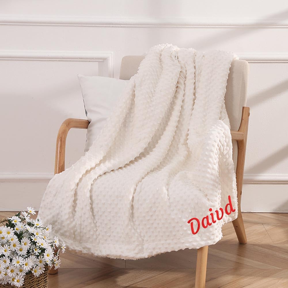 Coperta in peluche a forma di fagiolo per bambini, con nome personalizzato, a doppio strato, in pile di agnello, per divano, coperta di cotone, ricamata personalizzata (bianco, 200 x 230 cm)
