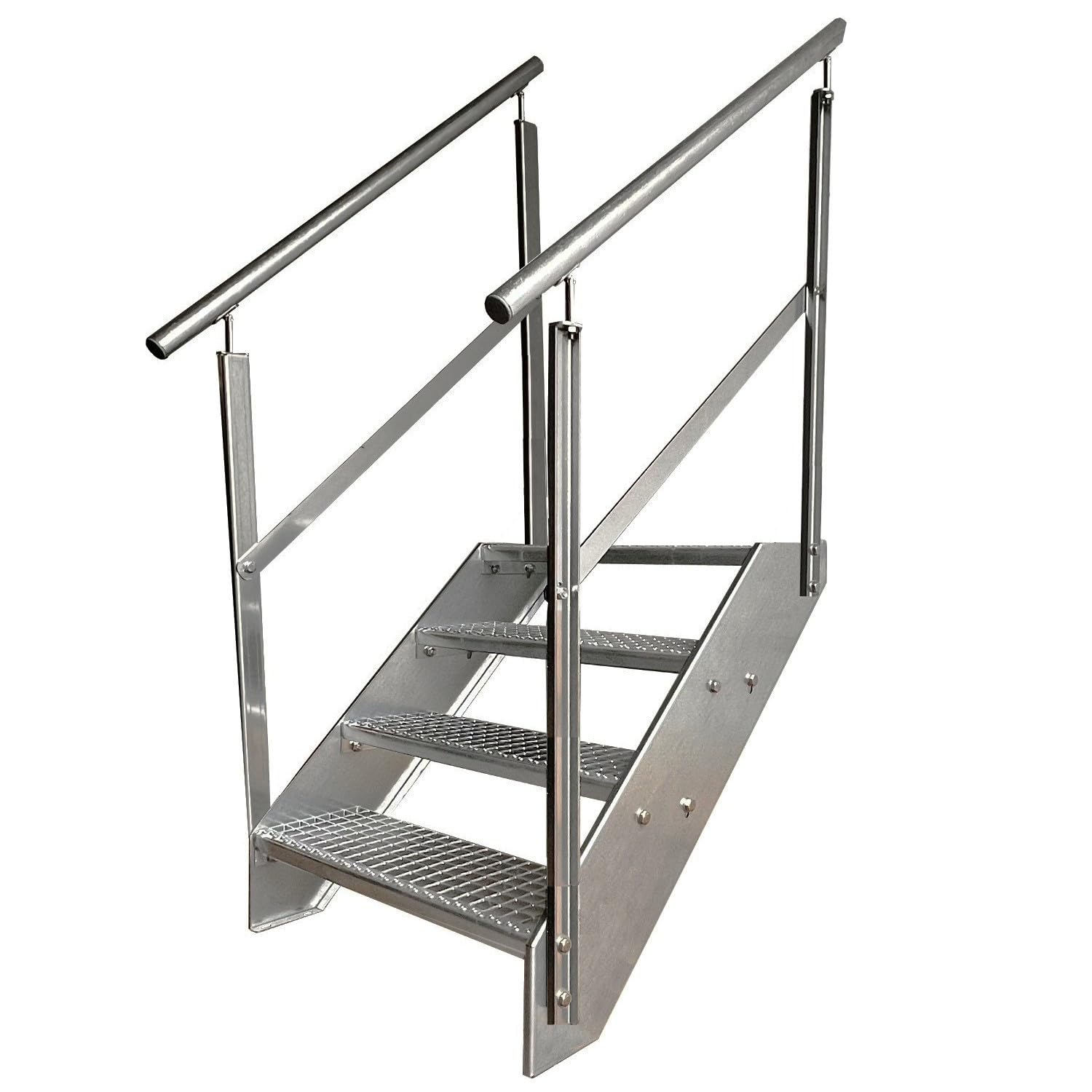 Premium Caillebotis acier Escalier à limon 4 Marches Entièrement galvanisé avec garde-corps des deux côtés - Dimensions (L x l x H) 82cm x 100cm x 76cm