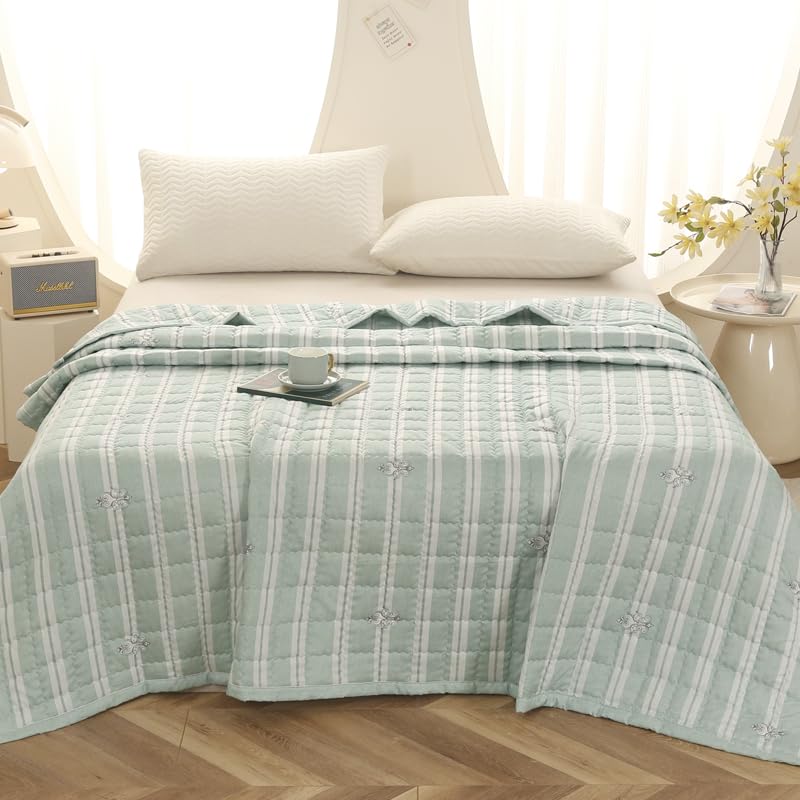 Highdi Bedding Edredón Acolchado, 2.5 TOG Microfibra Bedding Ligero Edredón Color Liso Edredon Cama, Manta de Cama para Sala de Estar, Dormitorio, Estudio (Rayas Verde,200x230cm)