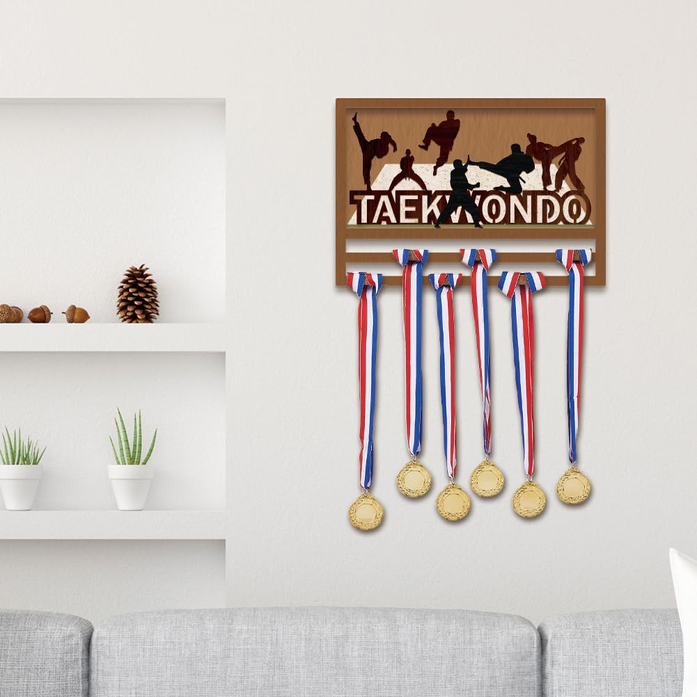 SUPERDANT 3D Taekwondo Medaillenhalter Taekwondo Silhouette Medaillen Aufbewahrung Holz Medaillen Halter Schlüsselband Turnmedaillenhalter Medaille Aufhängedekor Geschenke für Sportler