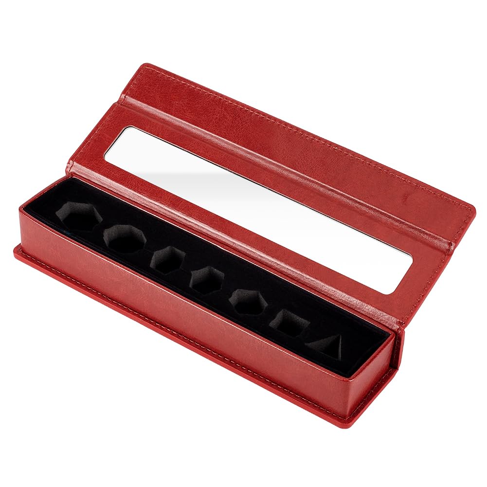 MAYJOYDIY 7-Slot Leather Dice Case Box Rectangle Gift Boxes Dice Organizer Boxes with Visible Window Lid for Player Dark Red