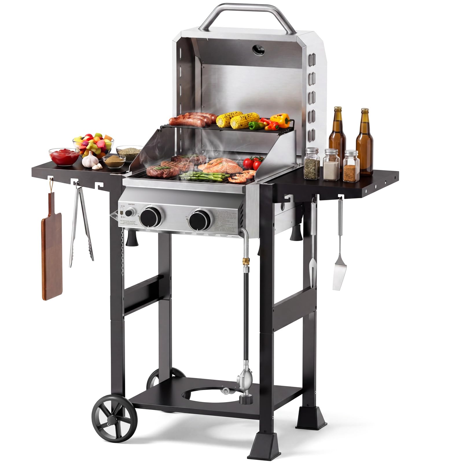 Electactic 2 Burner Propane Gas Grill, 16,000 BTU Stainless Steel BBQ Grill with Folding Side Tables, Convertible to Tabletop Design, Enameled Cast Iron Grates, Barbecue Grill for Camping, Patio