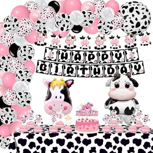 Bluegogo 120PCS Cow Birthday Party Decorations Cow Print Birthday Decorations Include Pink Cow Balloon Garland Arch Tablecloth Banner Toppers Balloons for Cow Themed Birthday Party Supplies