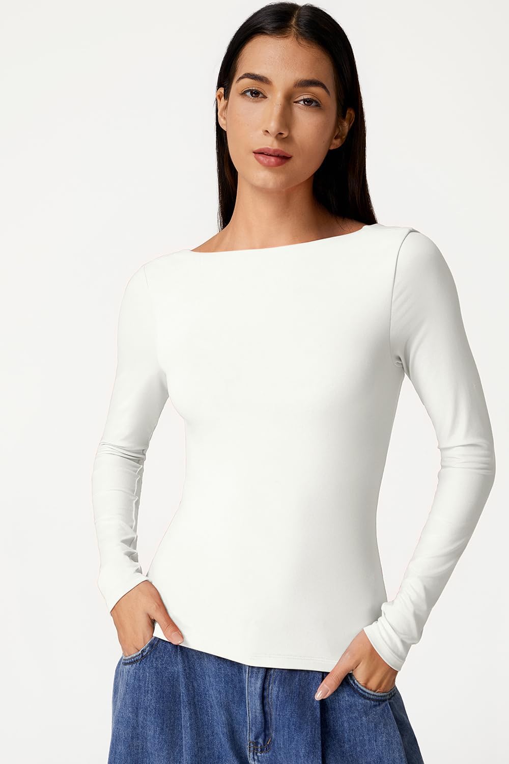 QINSEN Women's Cowl Back Long Sleeve Shirts Boat Neck Double Lined Going Out Tops Stretchy Fitted Casual T-Shirts - Image 5