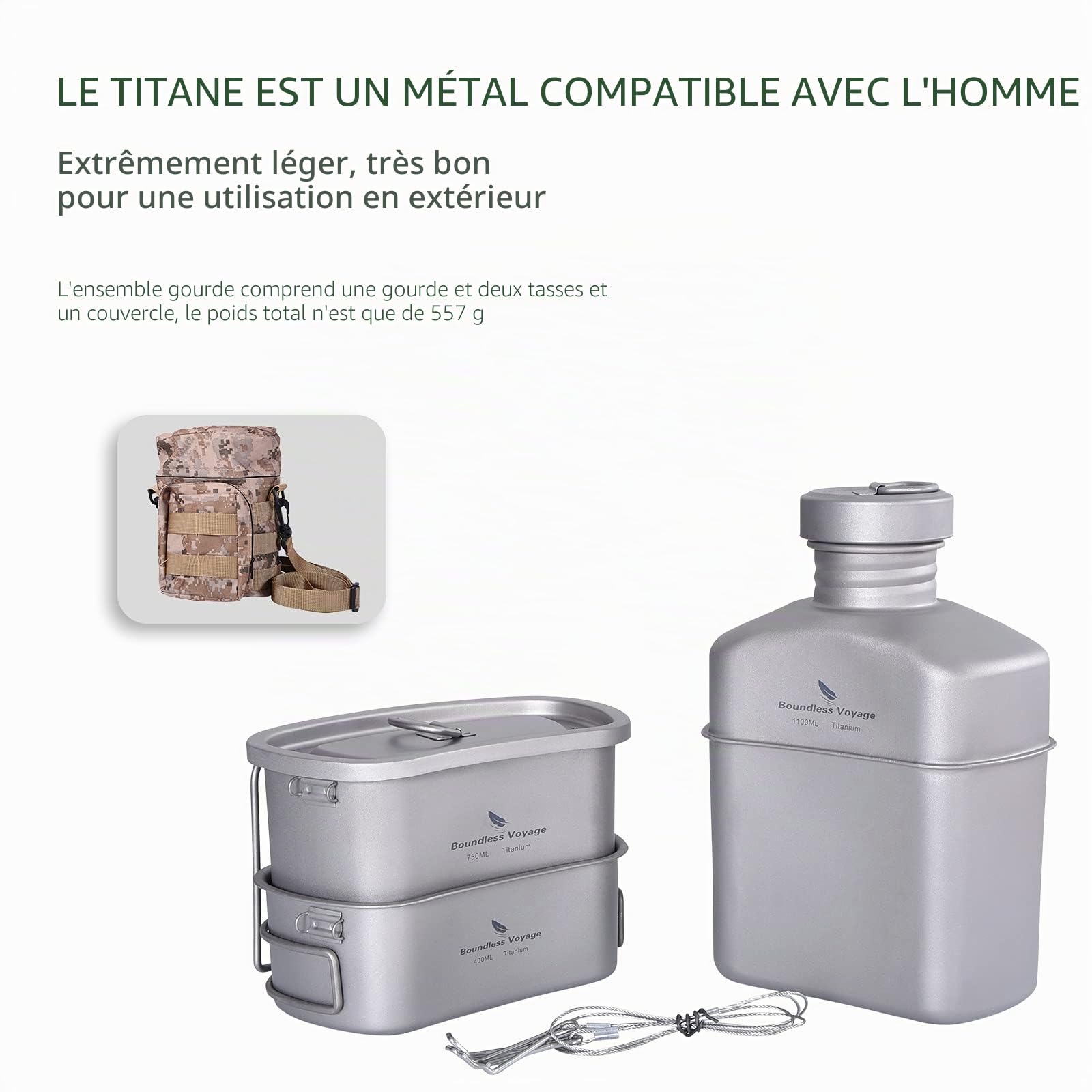 Boundless Voyage Titanium Cantine Kit de désordre avec Sac Camouflage Grande capacité en Forme de Rein avec Couvercle et chaîne de Suspension