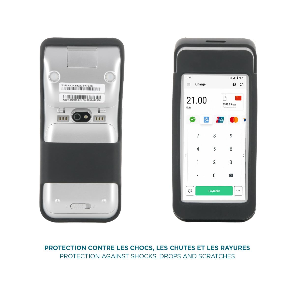 MOBILIS Coque de Protection pour Terminal de Paiement Pax A920 Pro|Etui en Silicone pour Lecteur de Carte Bancaire TPE Compatible Socle de Charge, Noir