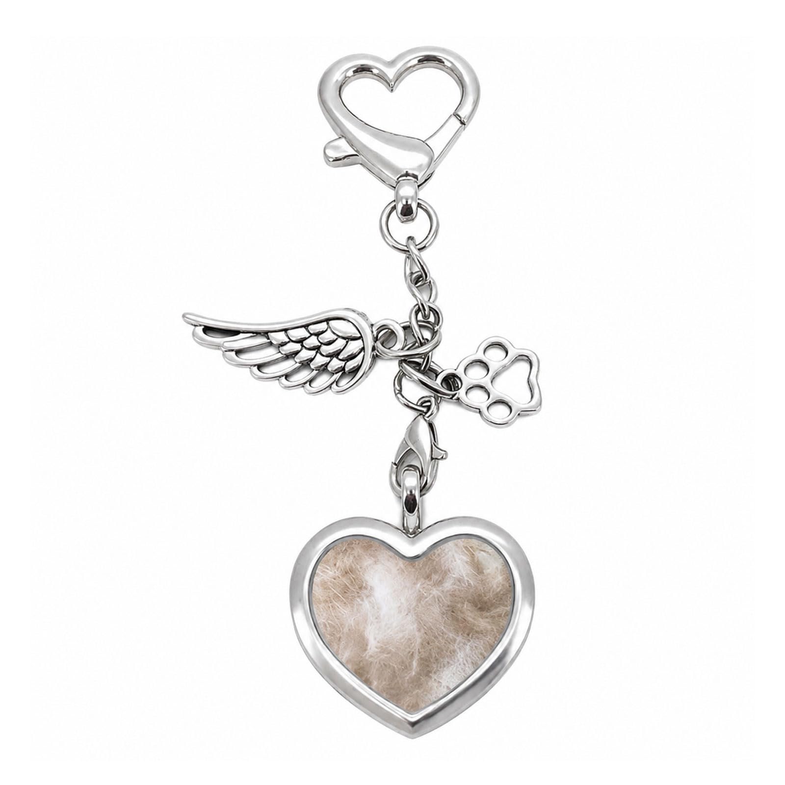 Ficopano Pet Fur Keepsake Keychain Heart Locket Wing Paw Charm for Dog Cat