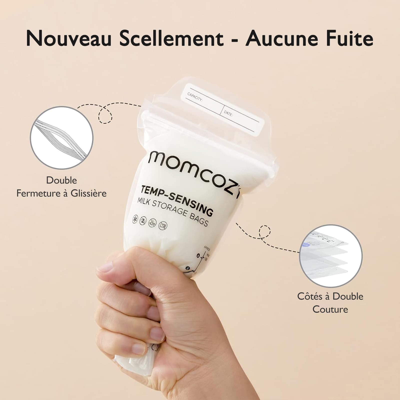 Momcozy Sachets de Congélation Lait Maternel 180mL - Lot de 200 Poches Stériles avec Double Fermeture Étanche | Conservation Hygiénique Allaitement + Stockage Réfrigéré