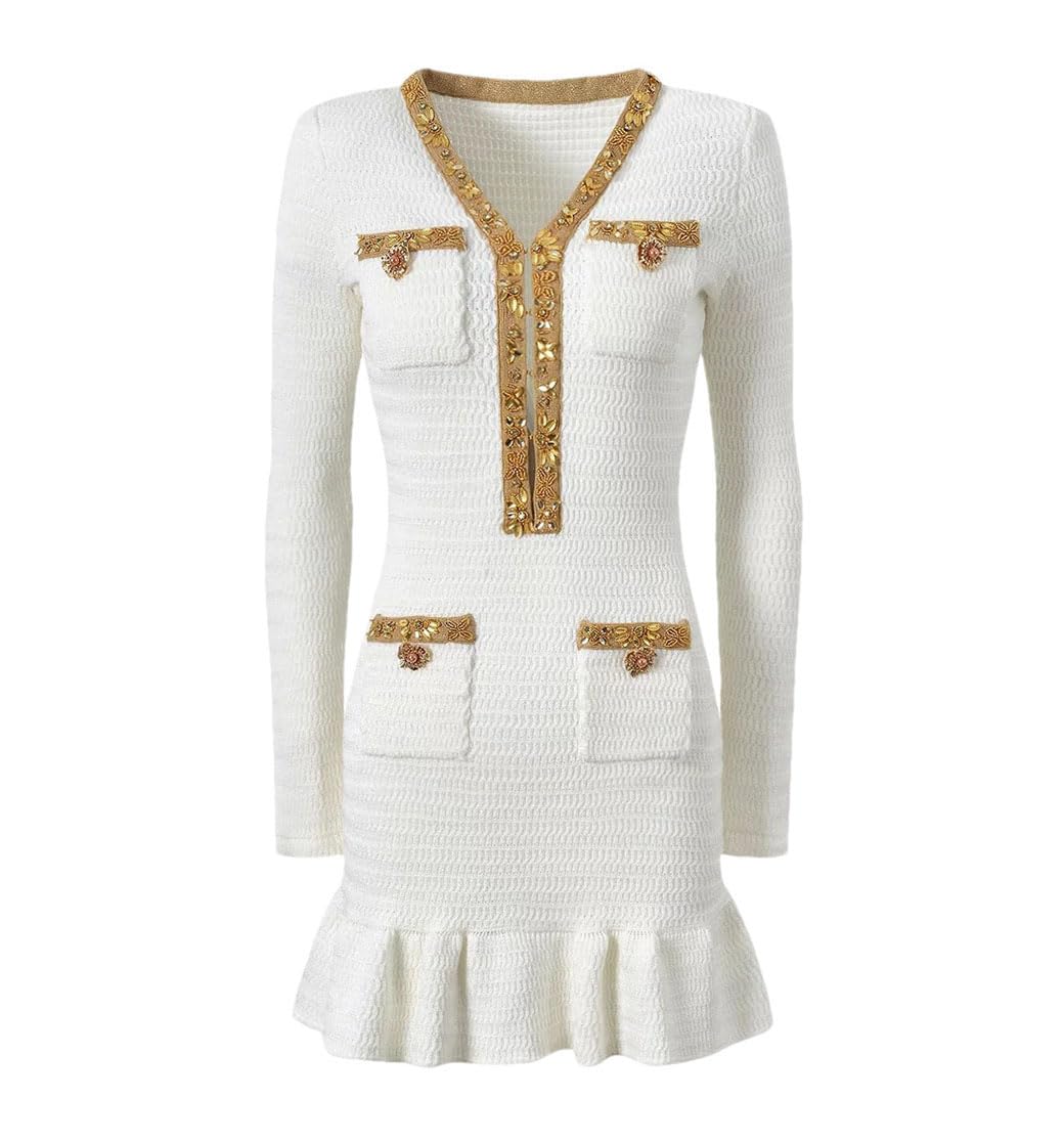 Beaded V Neck Cocktail Party Dress Women Elegant Long Sleeve Knitted Sweater Dress Formal Evening Pullover