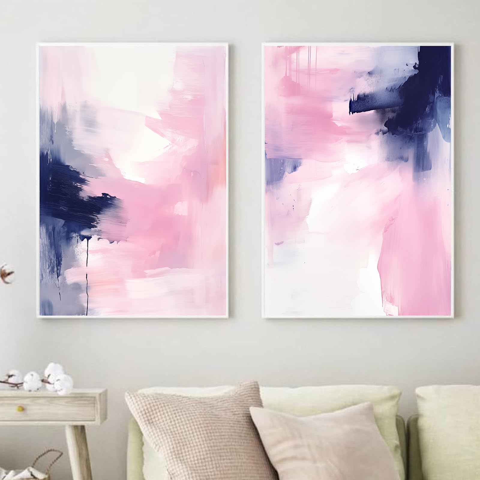 Blue Pink Abstract Wall Art Blue Pink White Modern Painting Pink Blue Abstract Watercolor Picture Pink Blue and White Wall Art Modern Abstract Art Print Pink White Abstract Painting 16x24inx2 No Frame